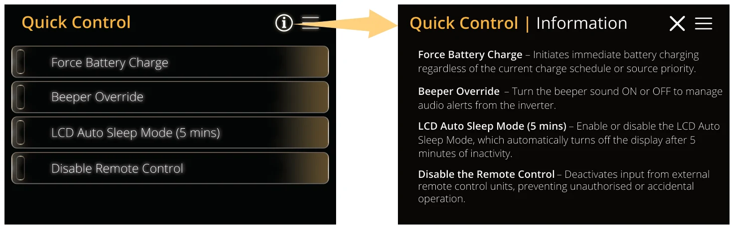 Menu | Quick Control