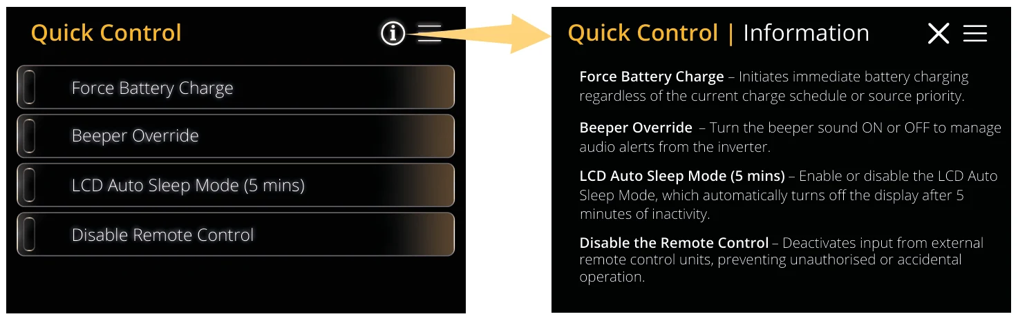 Menu | Quick Control